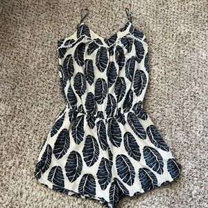 Leaf Print Romper - Blue and White